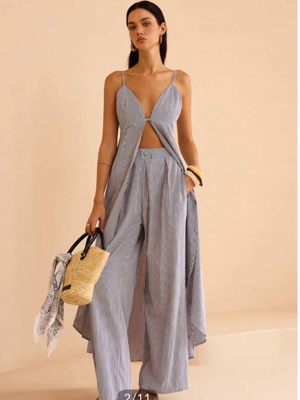 Commense Light Blue Pinstripe Wide-Leg Jumpsuit with Cutout
